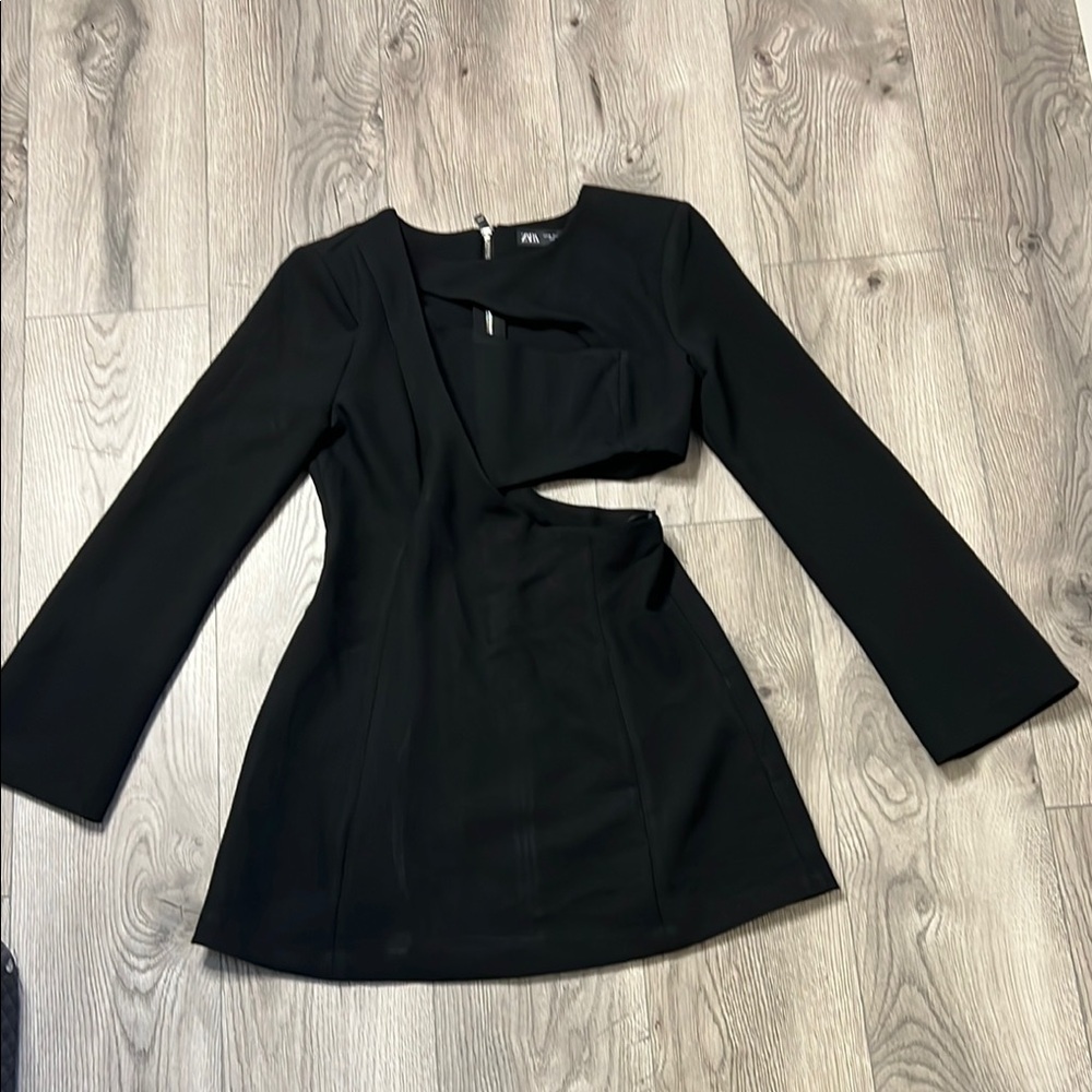 Zara Black Asymmetrical Bell Sleeve Cocktail Dress